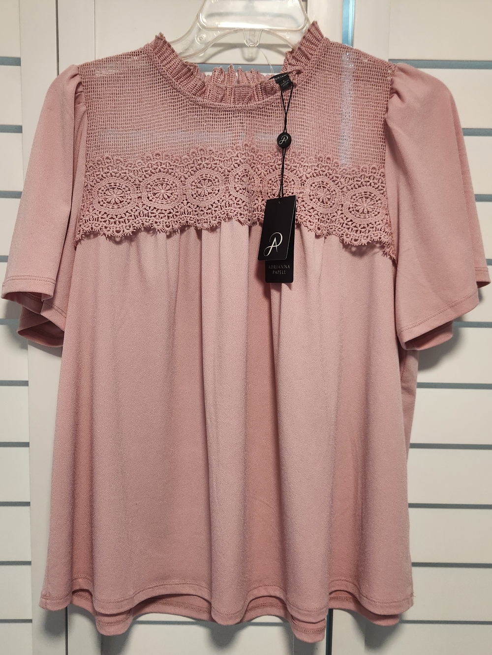 Adrianna Papell Pink Lace Yoke Short Sleeve Top